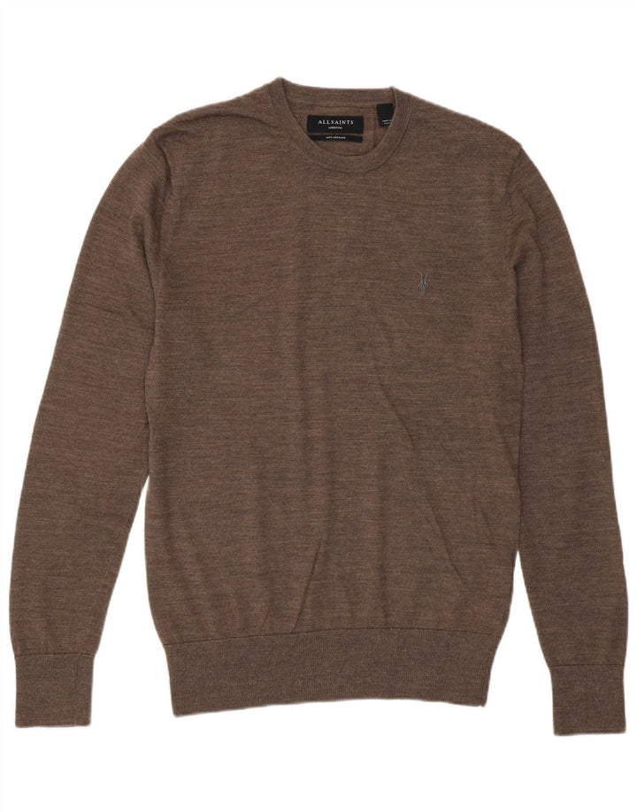 All Saints Mens Crew Neck Jumper Sweater Medium Brown Merino Wool