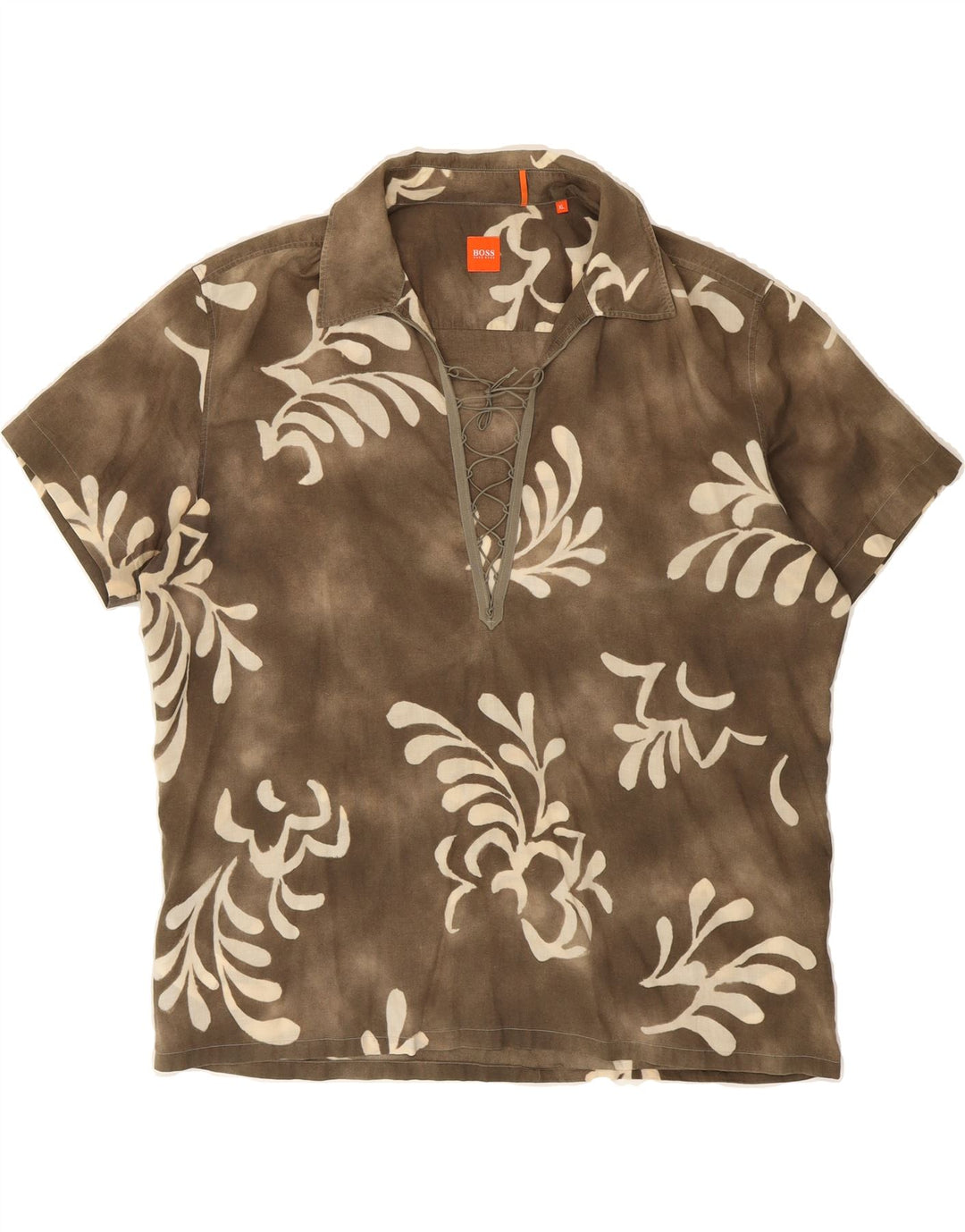 HUGO BOSS Womens Oversized Pullover Shirt UK 18 XL Khaki Floral Vintage Hugo Boss and Second-Hand Hugo Boss from Messina Hembry 