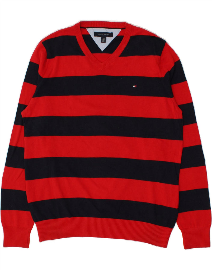 TOMMY HILFIGER Mens V-Neck Jumper Sweater Large Red Striped Cotton | Vintage Tommy Hilfiger | Thrift | Second-Hand Tommy Hilfiger | Used Clothing | Messina Hembry 