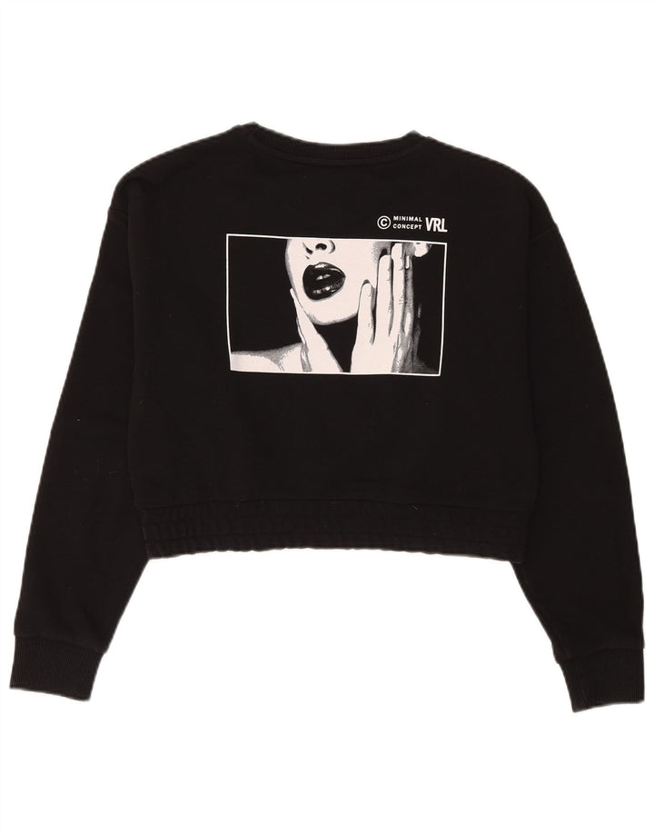 Minimal Womens Crop Graphic Sweatshirt Jumper UK 10 Small Black Cotton