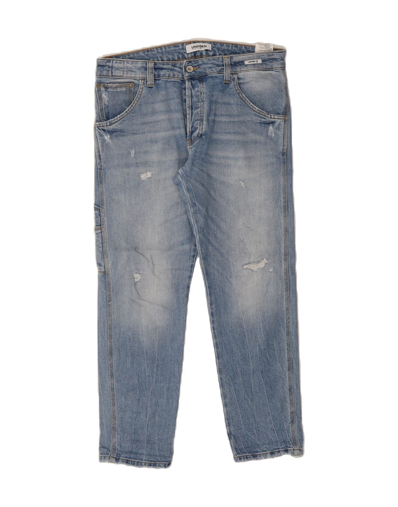 UNIFORM Mens Workwear Distressed Tapered Jeans W32 L30 Blue Cotton Vintage Uniform and Second-Hand Uniform from Messina Hembry 