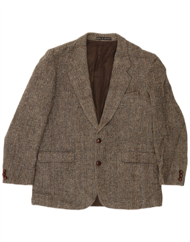 Harris Tweed Mens 2 Button Blazer Jacket UK 40 Large Brown Herringbone Wool