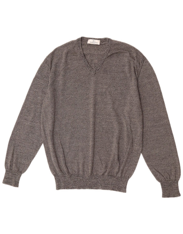 Valentino Mens V-Neck Jumper Sweater IT 48 Medium Grey Merino Wool