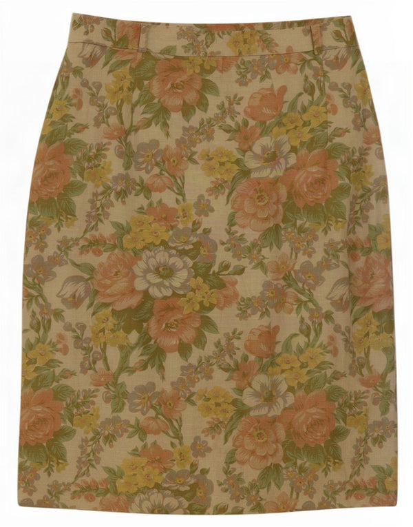 Vintage Womens Straight Skirt EU 42 Large W30 Multicoloured Floral Linen