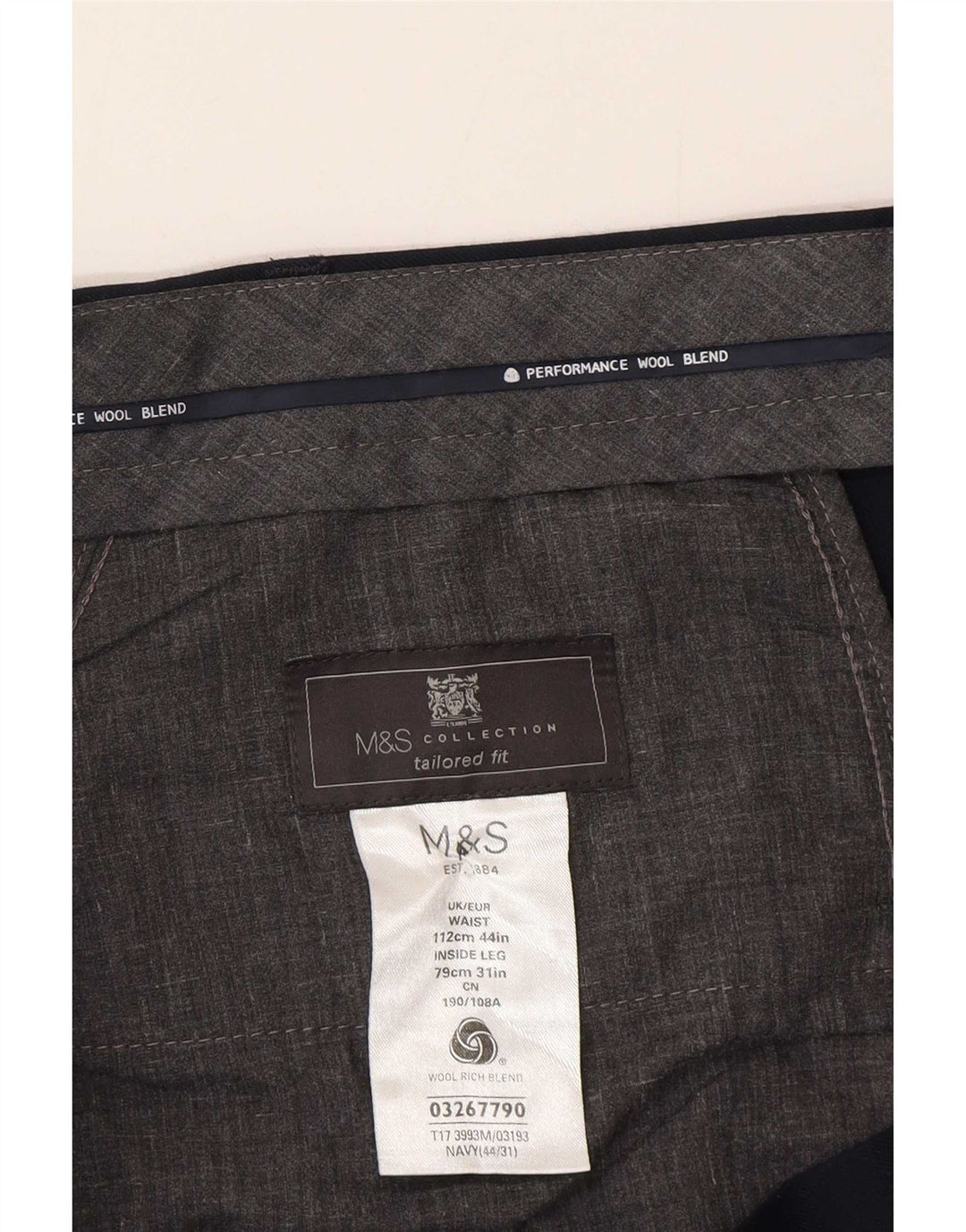 Marks & Spencer Mens Tailored Fit Suit Trousers W44 L31 Navy Blue Wool