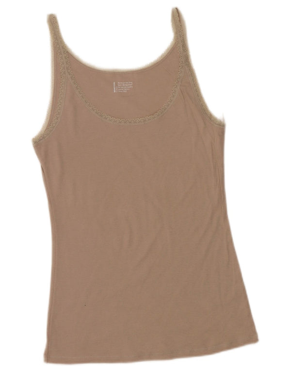 BENETTON Womens Cami Top UK 14 Large Beige Floral Cotton