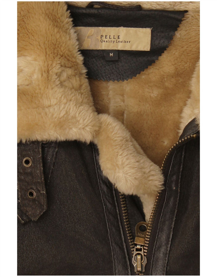 Bata Mens Leather Shearling Jacket UK 38 Medium Brown Leather