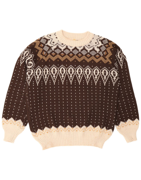 Vintage Mens Crew Neck Jumper Sweater Large Brown Fair Isle