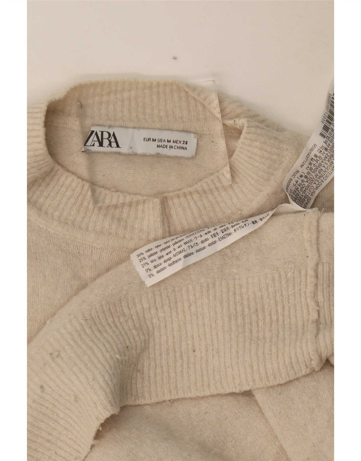 Zara Womens Crop Oversized Crew Neck Jumper Sweater UK 14 Medium Beige