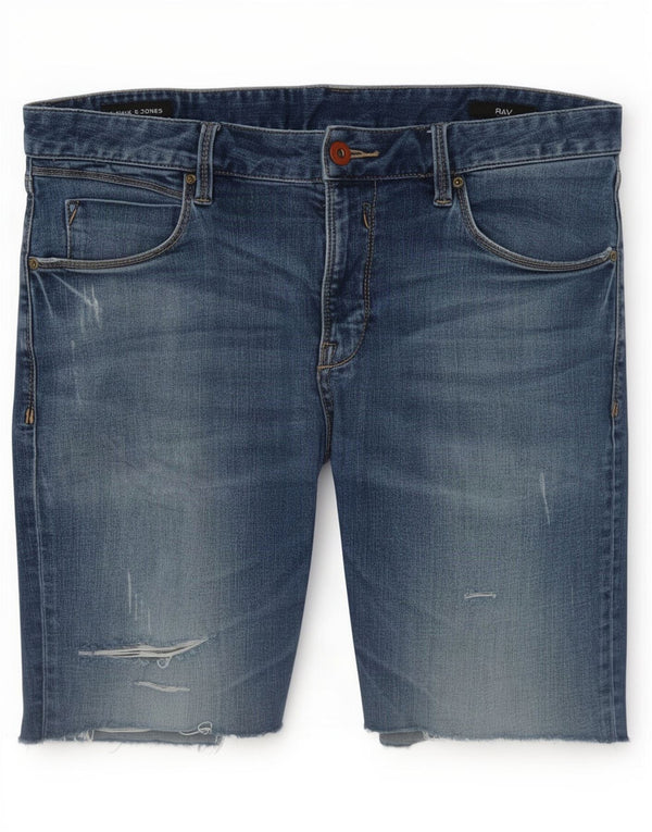 Jack & Jones Mens Distressed Slim Fit Denim Shorts Large W34 Blue Cotton