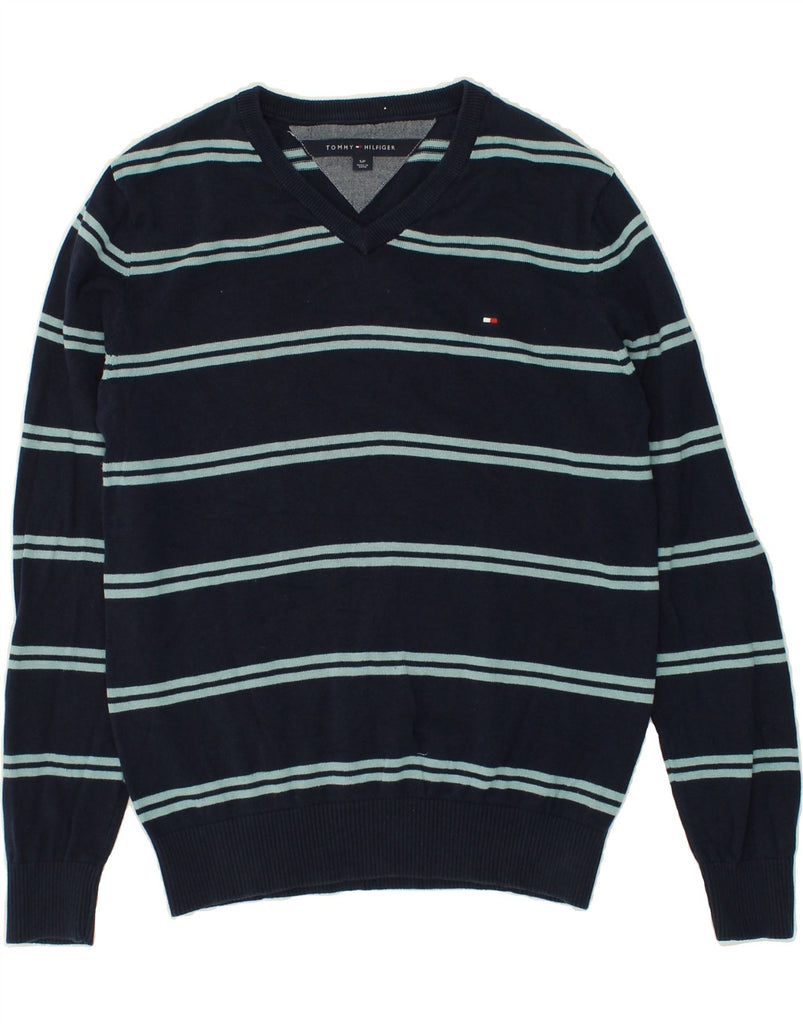 TOMMY HILFIGER Mens V-Neck Jumper Sweater Small Navy Blue Striped Cotton | Vintage Tommy Hilfiger | Thrift | Second-Hand Tommy Hilfiger | Used Clothing | Messina Hembry 