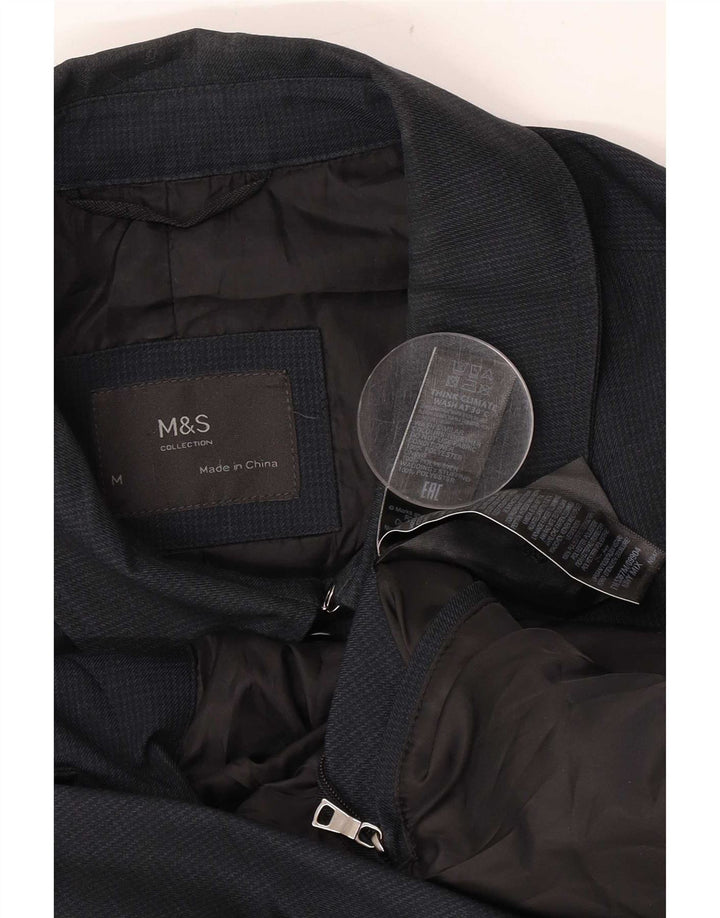 Marks & Spencer Mens Overcoat UK 38 Medium Navy Blue Houndstooth Polyester