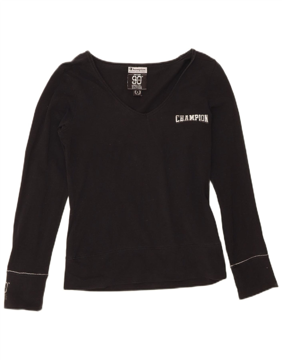 CHAMPION Womens Graphic Top Long Sleeve UK 14 Large Black Cotton