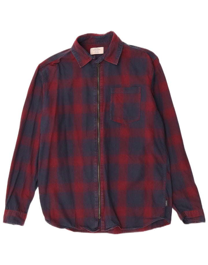 Jack & Jones Mens Flannel Shirt Large Navy Blue Plaid Cotton
