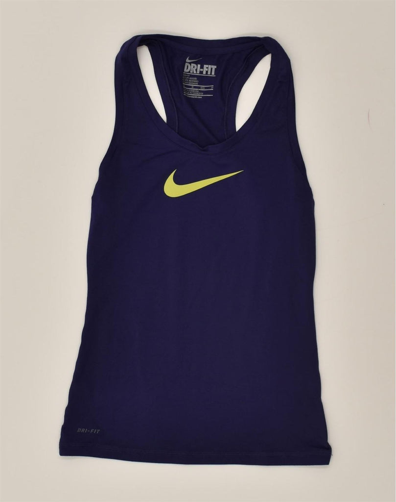 NIKE Womens Dri Fit Slim Fit Graphic Vest Top UK 4 XS Navy Blue | Vintage Nike | Thrift | Second-Hand Nike | Used Clothing | Messina Hembry 