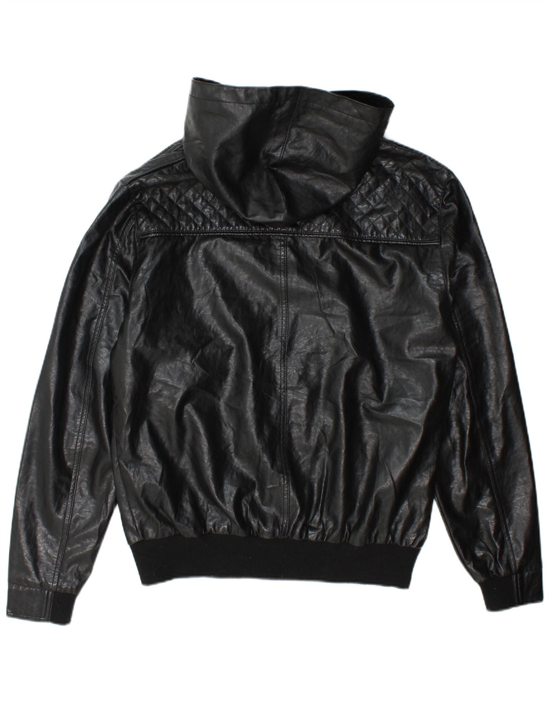 Ecko Unltd Mens Hooded Faux Leather Bomber Jacket UK 38 Medium Black