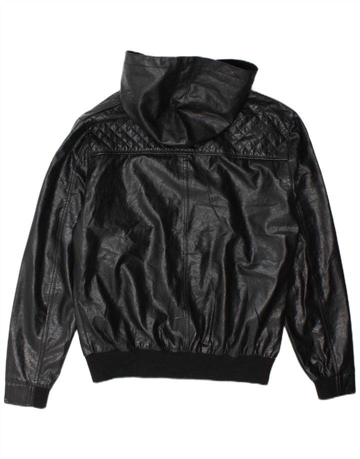 Ecko Unltd Mens Hooded Faux Leather Bomber Jacket UK 38 Medium Black