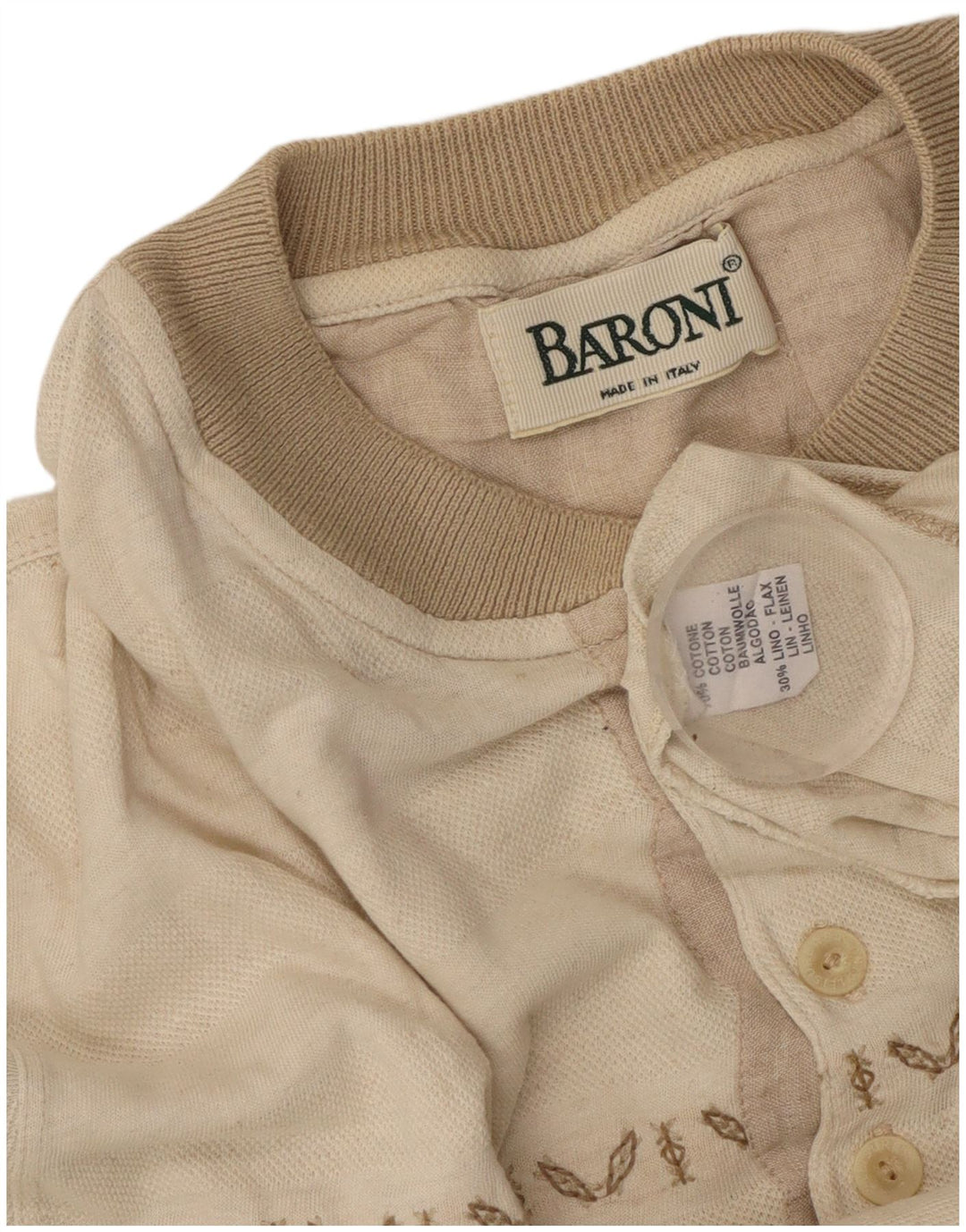 BARONI Mens T-Shirt Top Medium Beige Striped Cotton