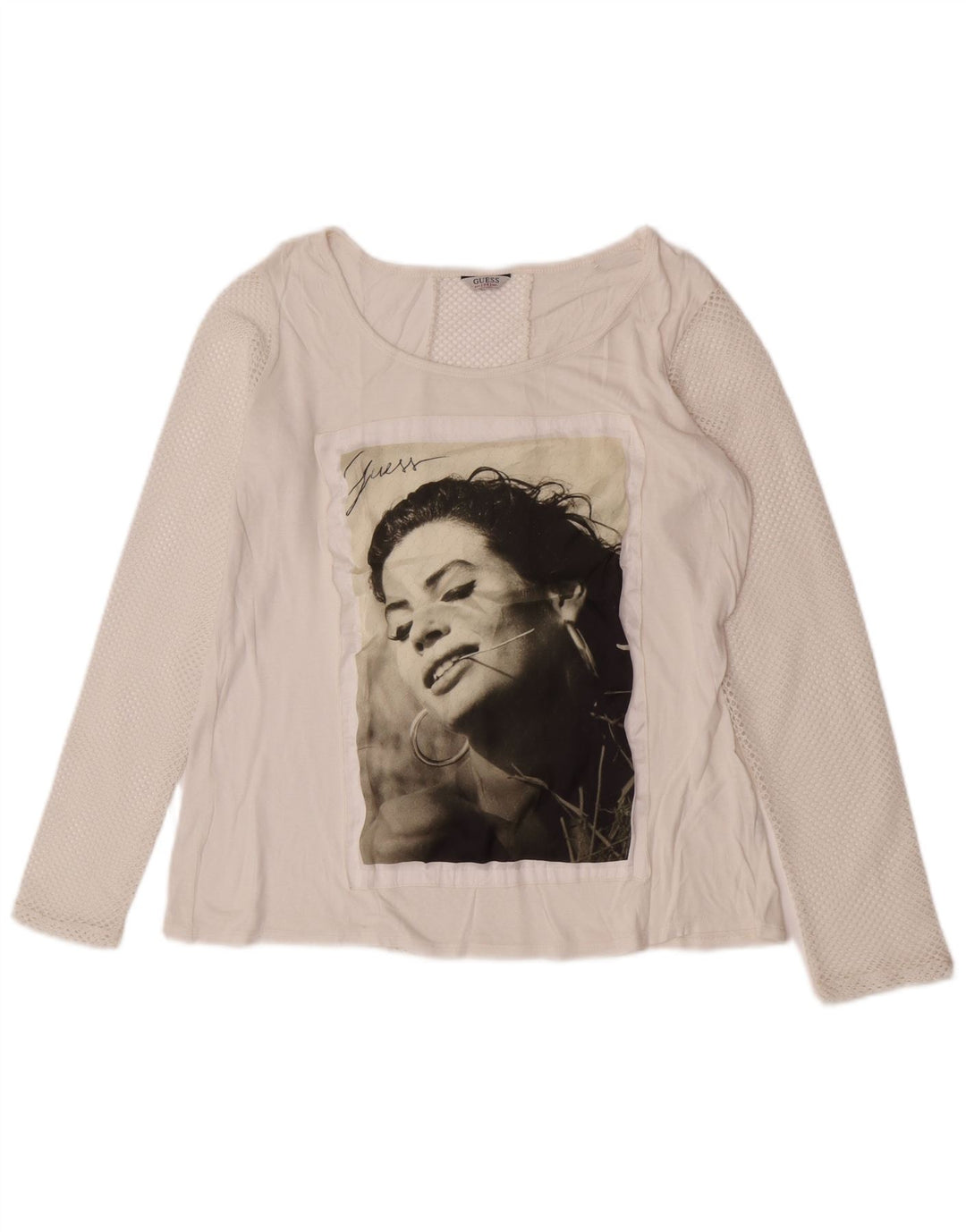 Guess Womens Graphic Top Long Sleeve UK 14 Medium White