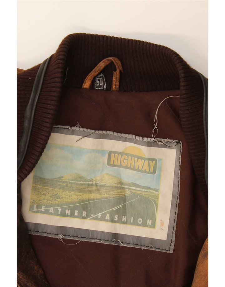 Vintage Mens Leather Jacket IT 50 Large Brown Geometric Leather