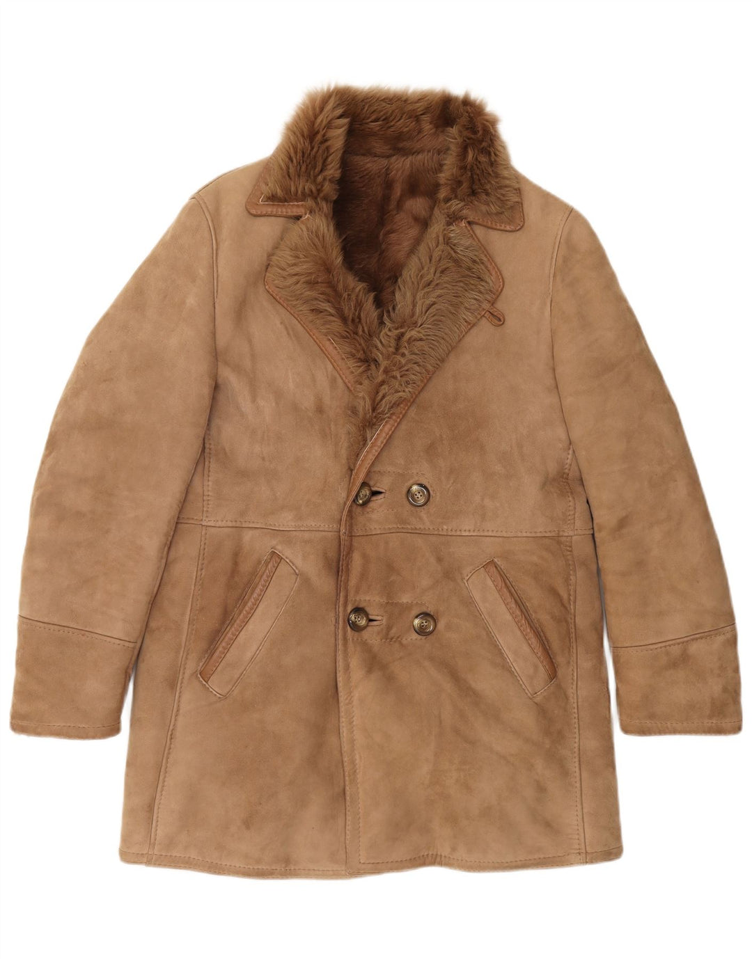 Vintage Mens Double Breasted Shearling Jacket IT 50 Large Brown Leather