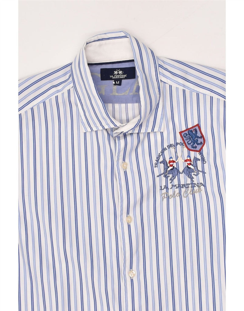 LA MARTINA Mens Graphic Shirt Medium Blue Striped Vintage La Martina and Second-Hand La Martina from Messina Hembry 