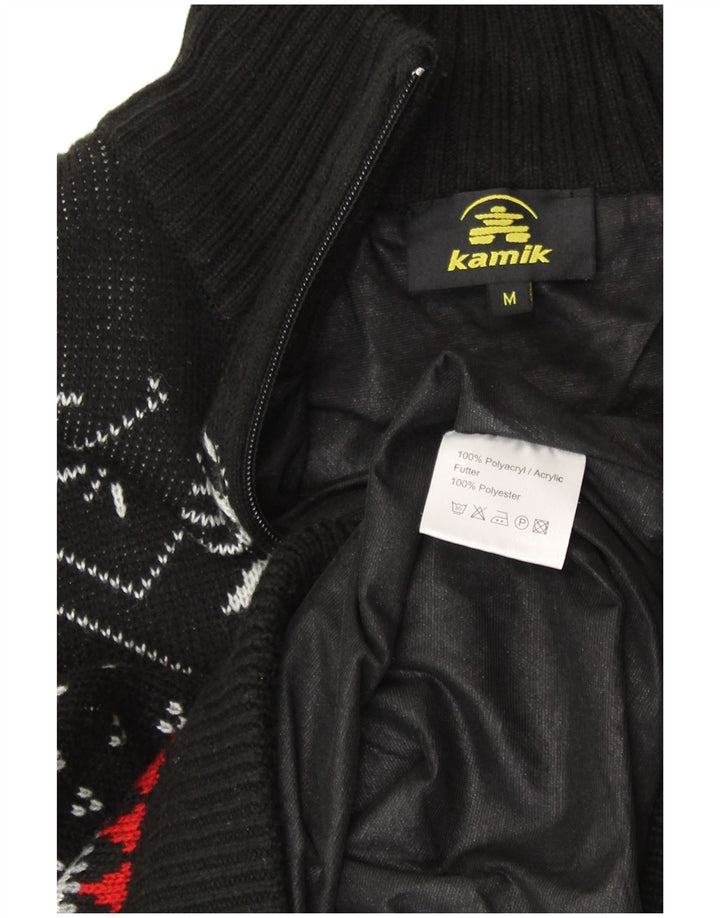 VINTAGE Mens Zip Neck Jumper Sweater Medium Black Fair Isle Polyacrylic