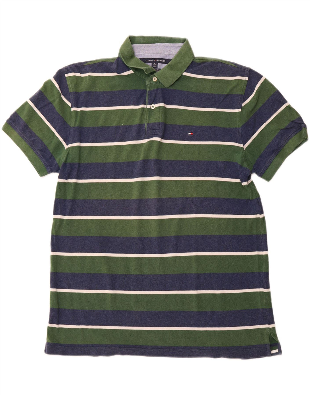 TOMMY HILFIGER Mens Custom Fit Polo Shirt XL Green Striped Cotton