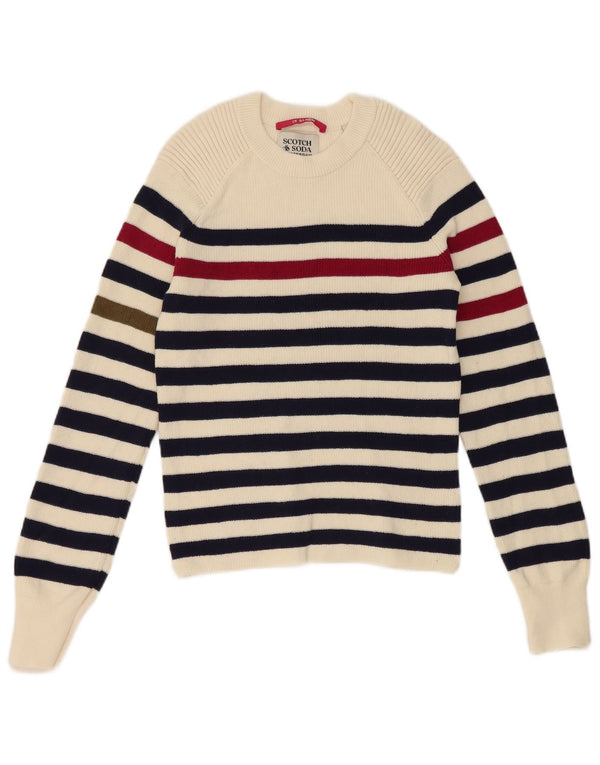 Scotch & Soda Womens Crew Neck Jumper Sweater UK 10 Small Off White Striped