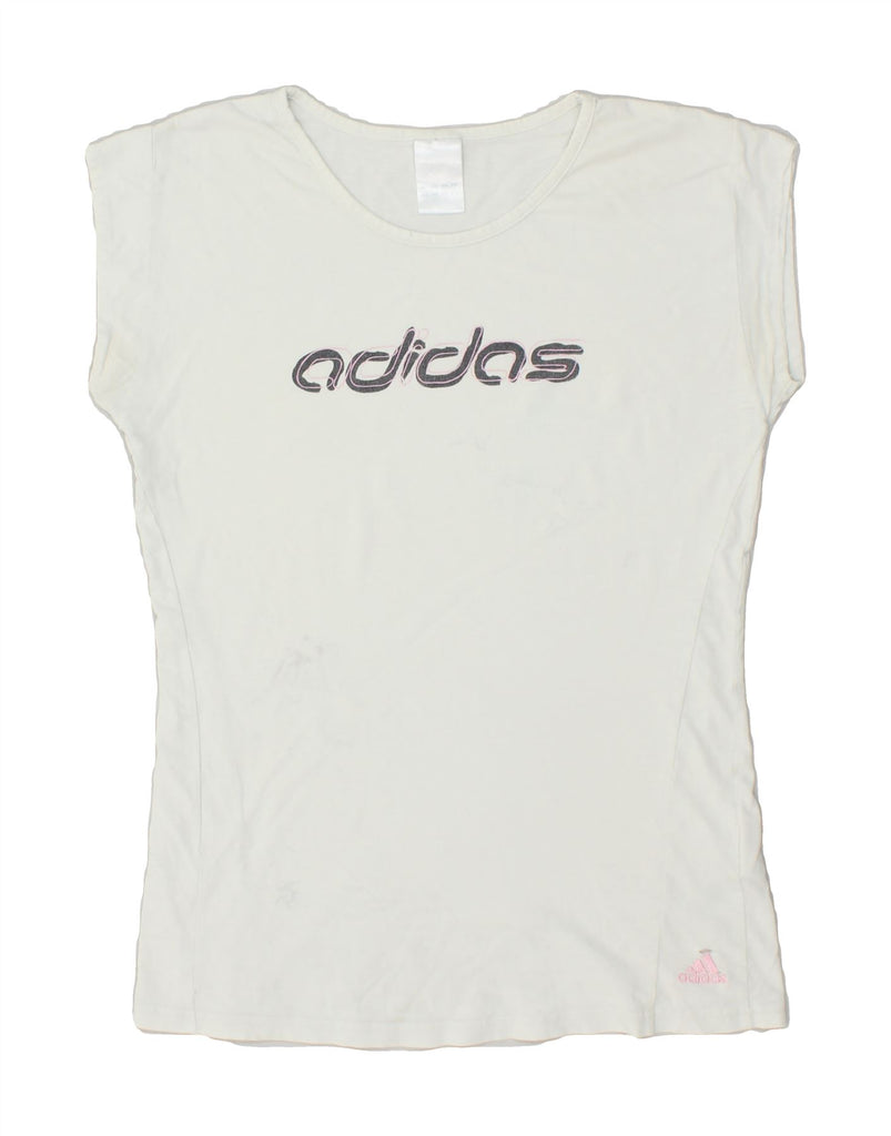 ADIDAS Womens Graphic T-Shirt Top UK 14 Medium White Cotton | Vintage Adidas | Thrift | Second-Hand Adidas | Used Clothing | Messina Hembry 