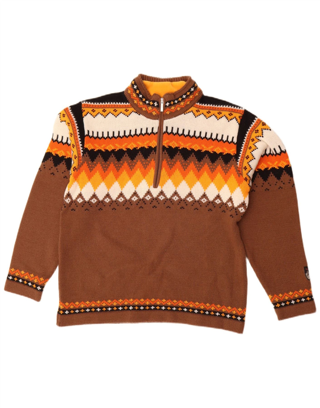 Campagnolo Mens Zip Neck Jumper Sweater Medium Brown Geometric Wool