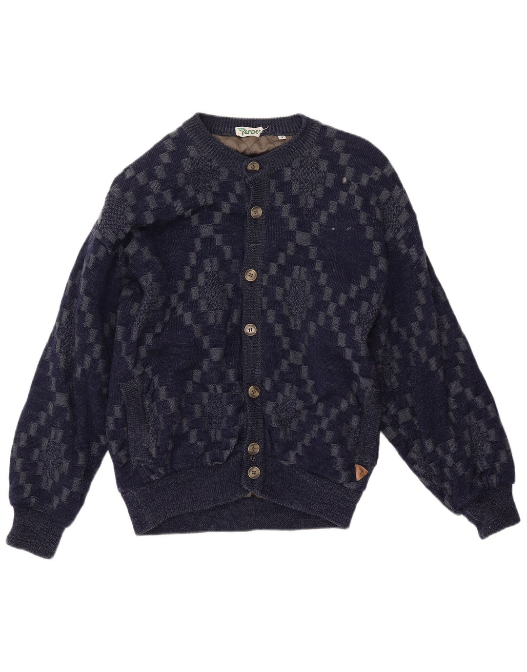 VINTAGE Mens Cardigan Sweater Large Navy Blue Geometric Viscose