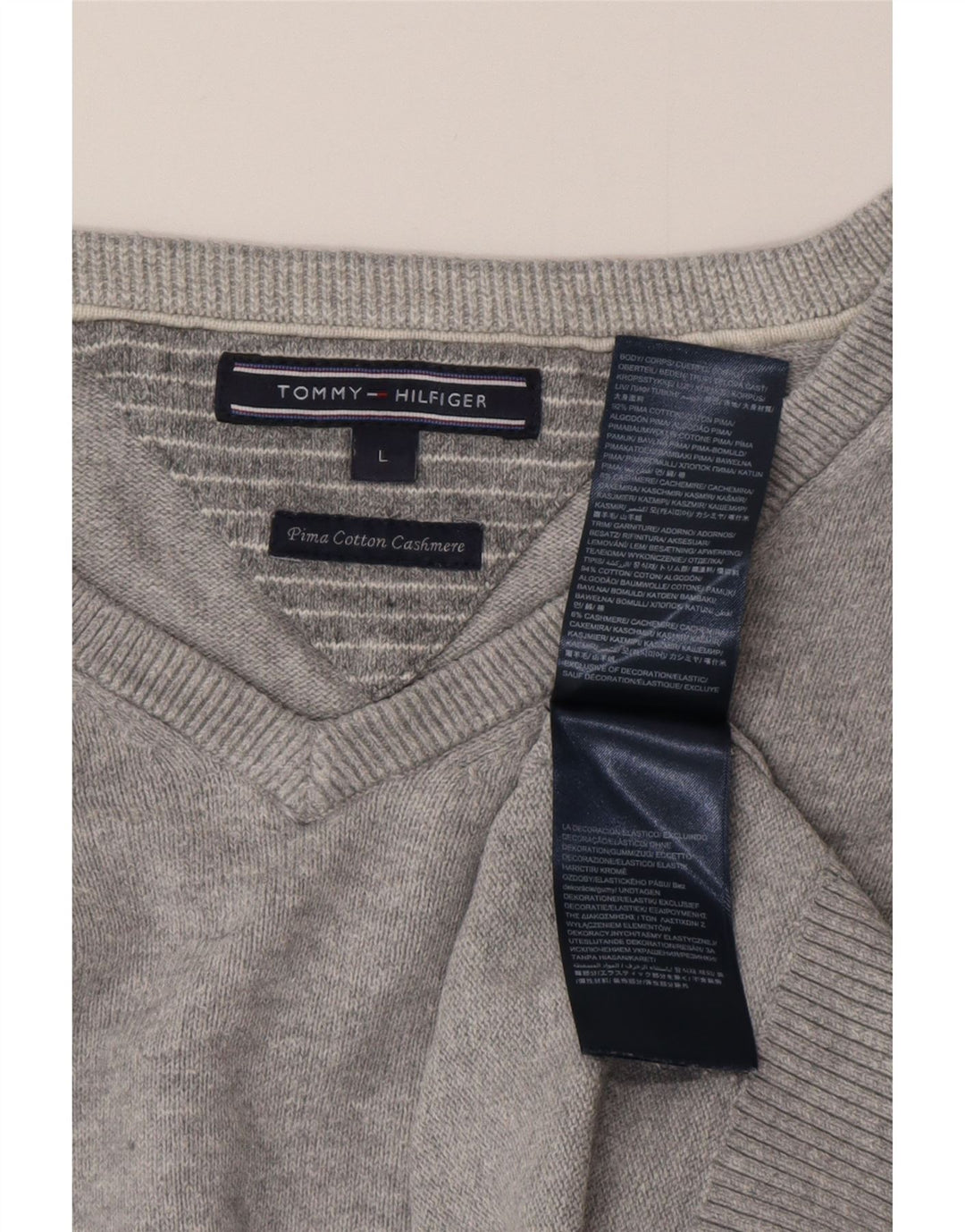 Tommy Hilfiger Mens V-Neck Jumper Sweater Large Grey Cotton