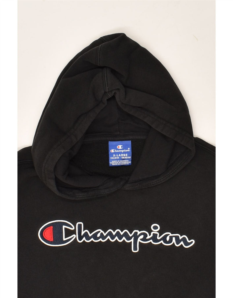 CHAMPION Boys Graphic Hoodie Jumper 13-14 Years XL Black Cotton | Vintage Champion | Thrift | Second-Hand Champion | Used Clothing | Messina Hembry 