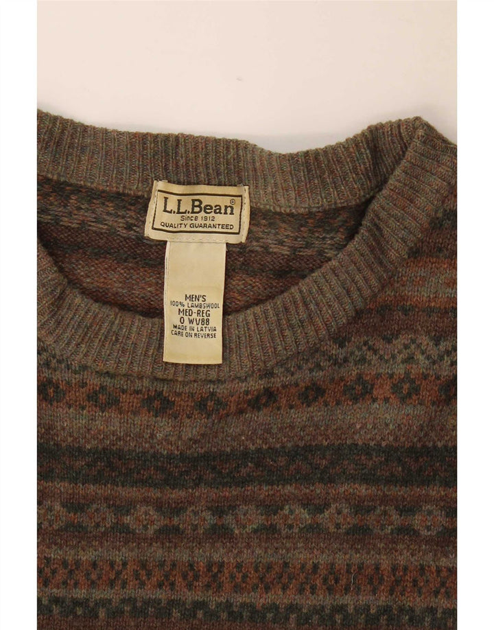 L.L.Bean Mens Boat Neck Jumper Sweater Medium Khaki Fair Isle Lambswool