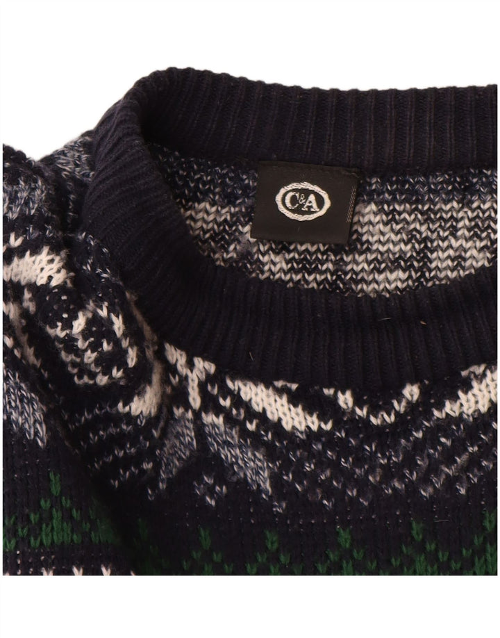 C & A Mens Boat Neck Jumper Sweater Large Navy Blue Fair Isle Polyacrylic