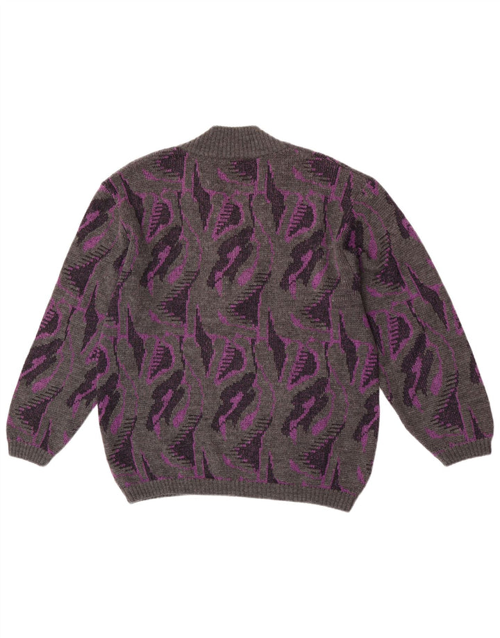 Rasica Womens Abstract Pattern V-Neck Jumper Sweater UK 16 Large Grey