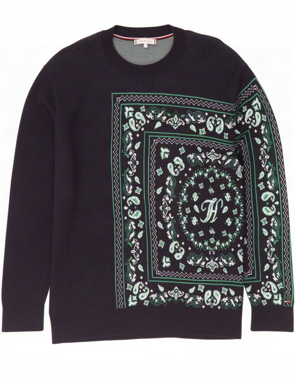 Tommy Hilfiger Mens Boat Neck Jumper Sweater XS Navy Blue Paisley Cotton