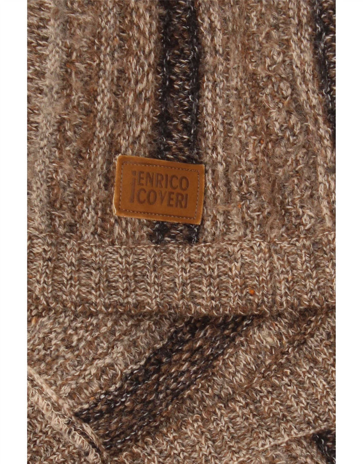 Enrico Coveri Mens Crew Neck Jumper Sweater Medium Brown Striped Wool