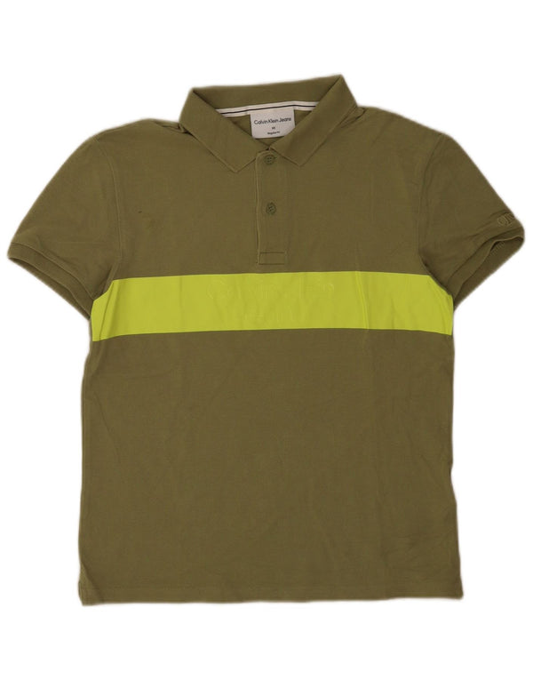 Calvin Klein Jeans Mens Graphic Regular Fit Polo Shirt XS Khaki Colourblock