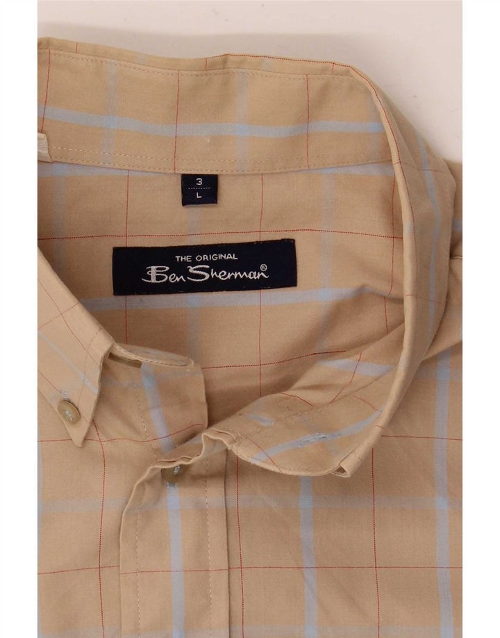 Ben Sherman Mens Short Sleeve Shirt Large Beige Check