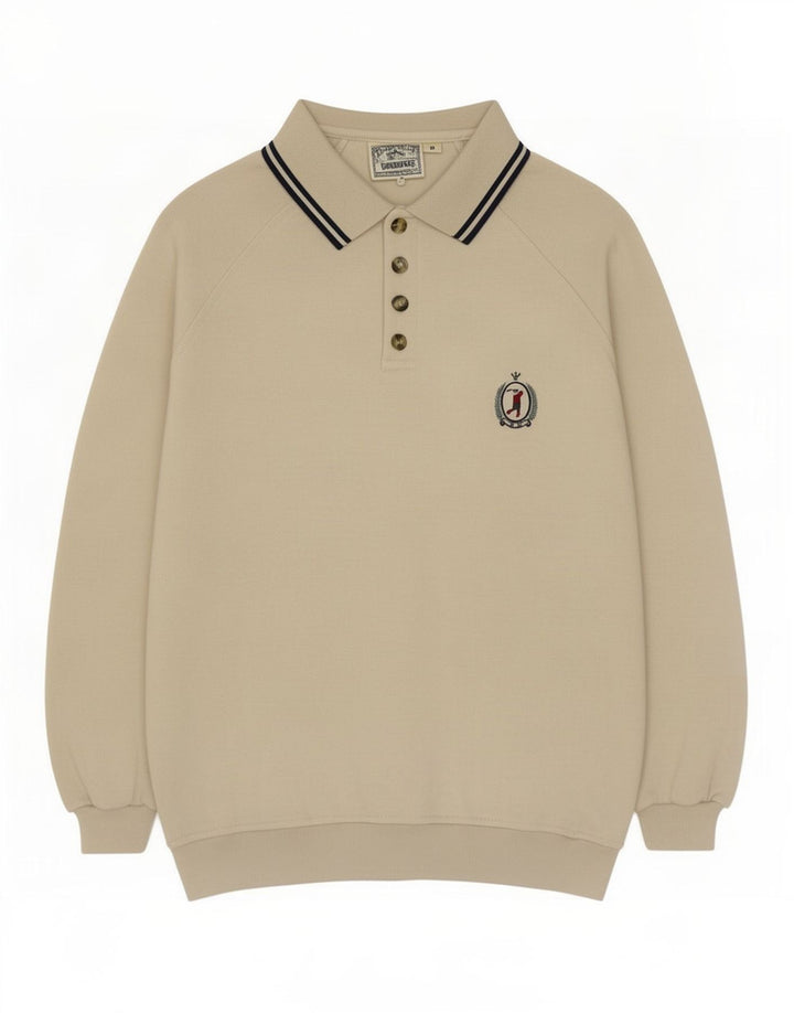 Vintage Mens Polo Neck Sweatshirt Jumper Medium Beige Cotton