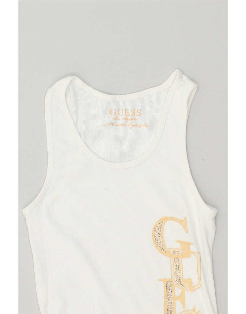 GUESS Womens Graphic Vest Top UK 8 Small White Vintage Guess and Second-Hand Guess from Messina Hembry 