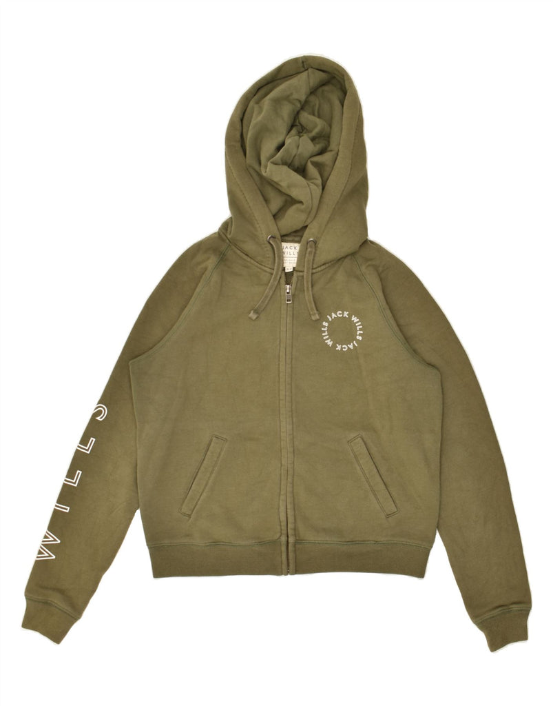 JACK WILLS Womens Graphic Zip Hoodie Sweater UK 12 Medium  Khaki Cotton | Vintage Jack Wills | Thrift | Second-Hand Jack Wills | Used Clothing | Messina Hembry 