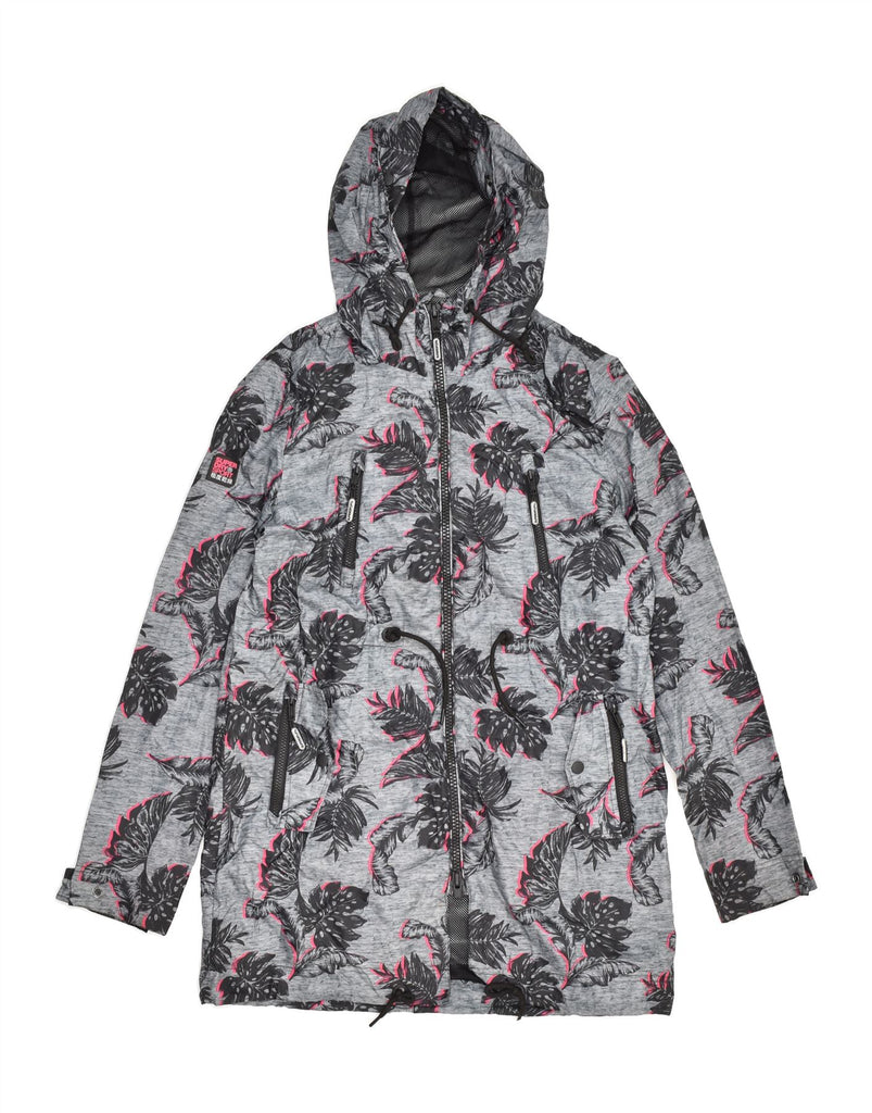 SUPERDRY Womens Hooded Windbreaker Coat UK 14 Medium Grey Floral Polyester | Vintage Superdry | Thrift | Second-Hand Superdry | Used Clothing | Messina Hembry 