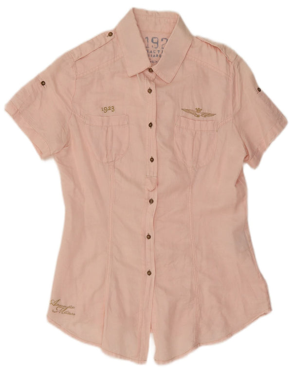 Aeronautica Militare Womens Graphic Short Sleeve Shirt UK 10 Small Pink