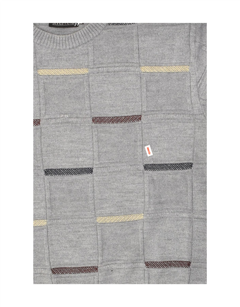 VINTAGE Mens Crew Neck Jumper Sweater Large Grey Striped Wool Vintage Vintage and Second-Hand Vintage from Messina Hembry 