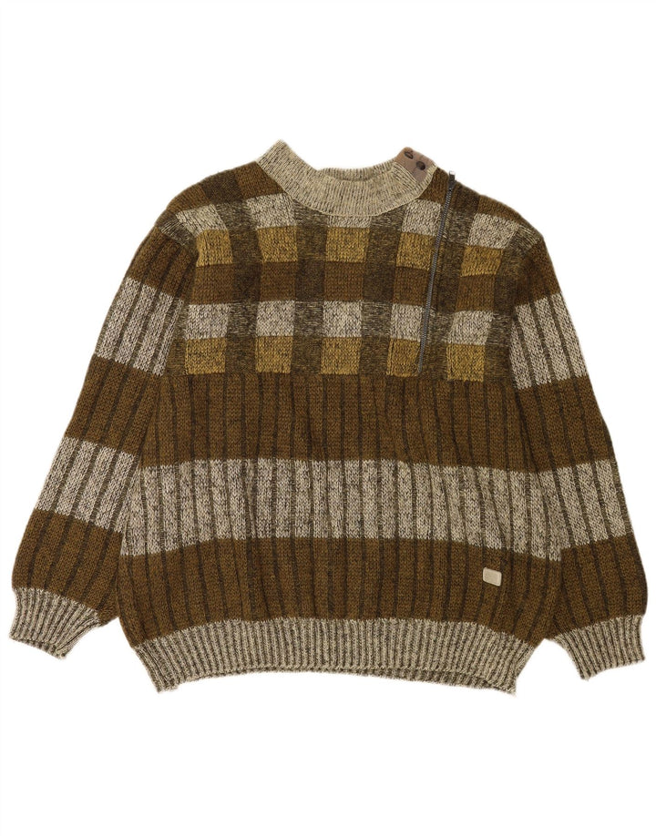 Frank Pepperone Mens Turtle Neck Jumper Sweater XL Khaki Striped Wool