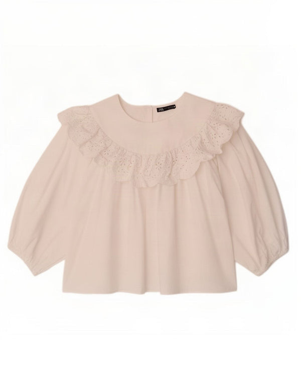 Zara Womens Crop 3/4 Sleeve Oversized Blouse Top UK 14 Medium White Cotton