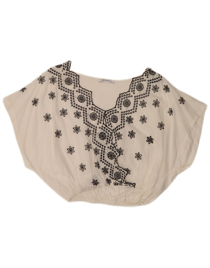 Zara Womens Batwing Blouse Top UK 10 Small White Floral Cotton